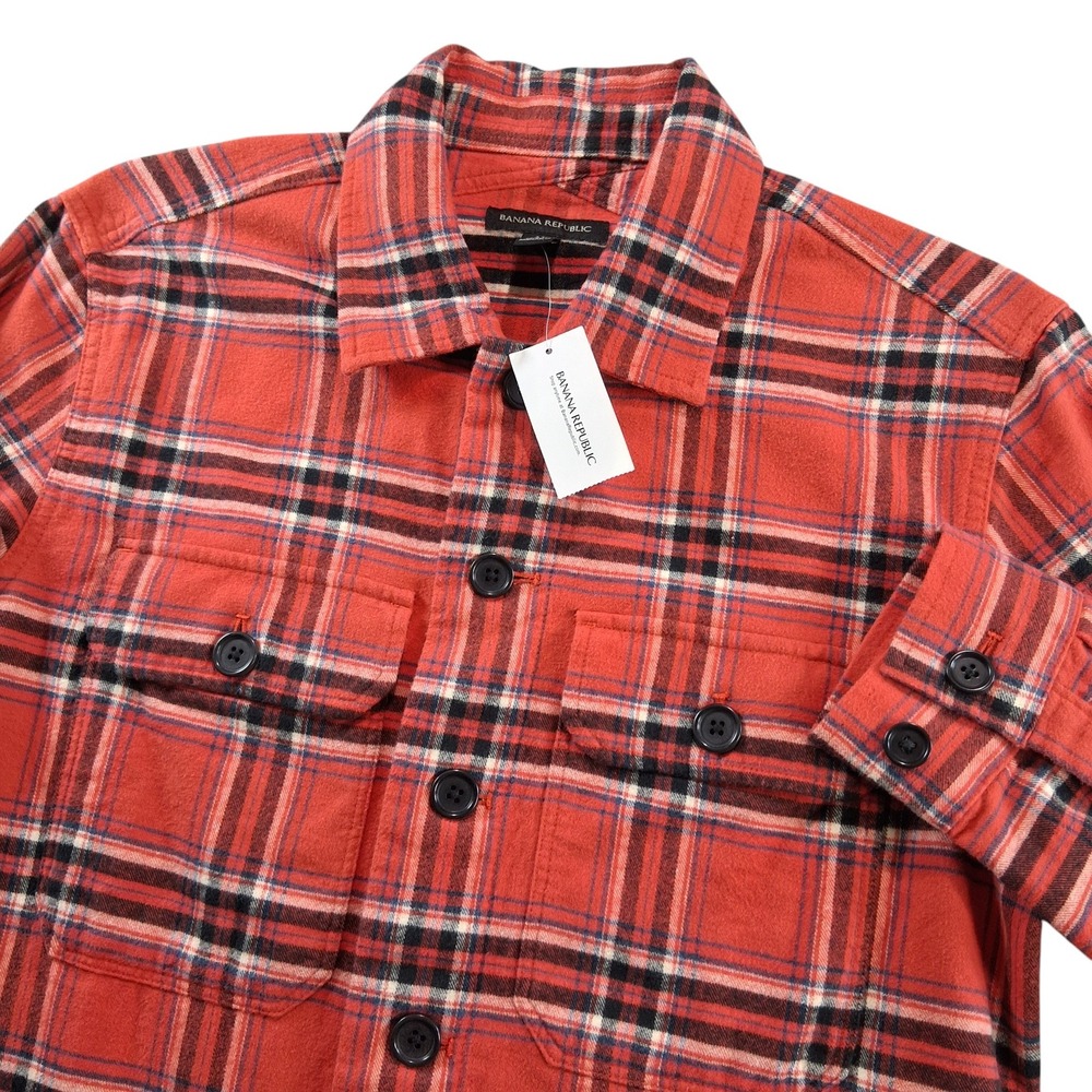 Banana Republic Flannel Shirt Jacket Mens M Red Plaid Flap Pocket Big Button